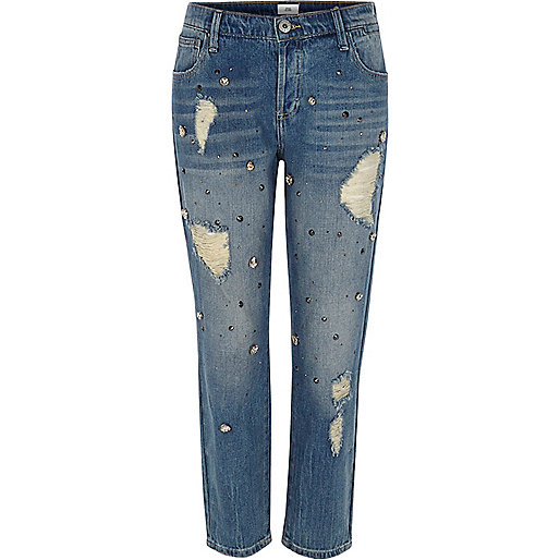 boots river island womens,jacques-vertuk Outlet Mid blue denim embellished boyfriend jeans women 702880