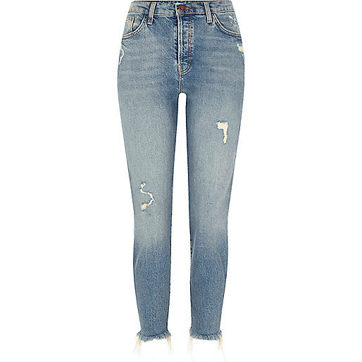 extra short jeans river island,jacques-vertuk Clothing London Mid blue distressed frayed hem slim fit jeans Straight / Slim Jeans Jeans women