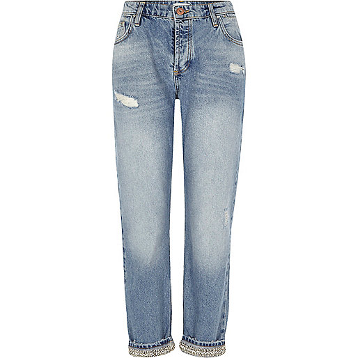 jacques-vertuk Mid blue embellished hem boyfriend jeans 705632 women Jeans Boyfriend / Slouch Jeans