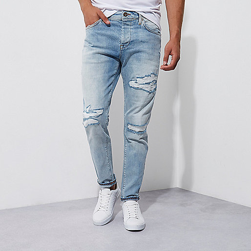 river island shoes sandals,Island River Clothing Mid blue fade ripped Jimmy slim tapered jeans Tapered Jeans Jeans men