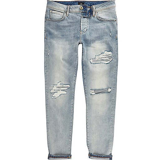 jacques-vertuk Mid blue fade ripped Jimmy slim tapered jeans 302055 men Jeans Tapered Jeans