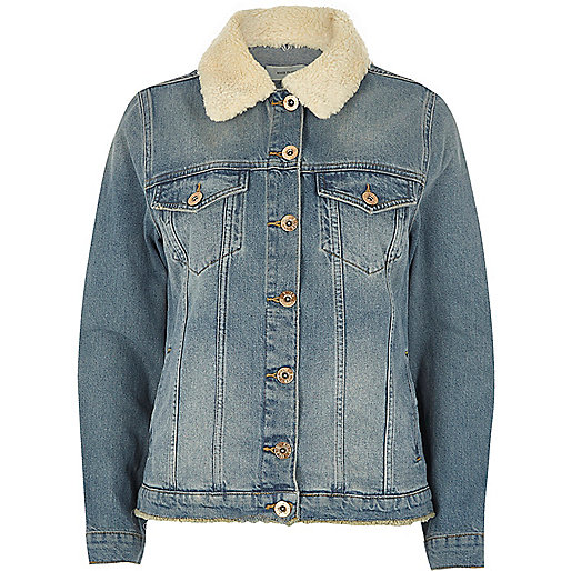 eu riverisland com sale,jacques-vertuk English Website Mid blue fleece trim denim jacket Coats / Jackets Sale women