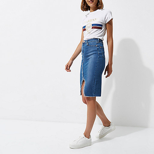 river island retro tapered jeans,Riv3Er Island Mid blue frayed split denim pencil skirt Midi Skirts Skirts women