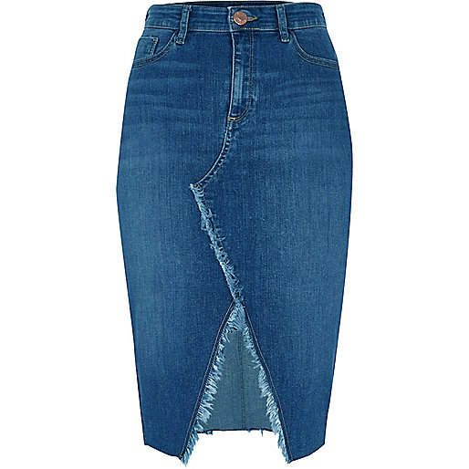 jacques-vertuk Mid blue frayed split denim pencil skirt 706717 women Skirts Midi Skirts