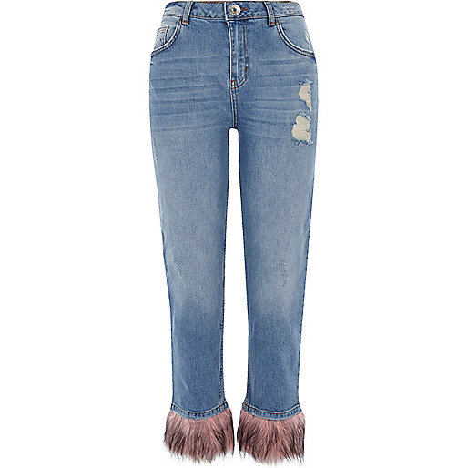 jacques-vertuk Mid blue fur hem distressed boyfriend jeans 705485 women Jeans Boyfriend / Slouch Jeans