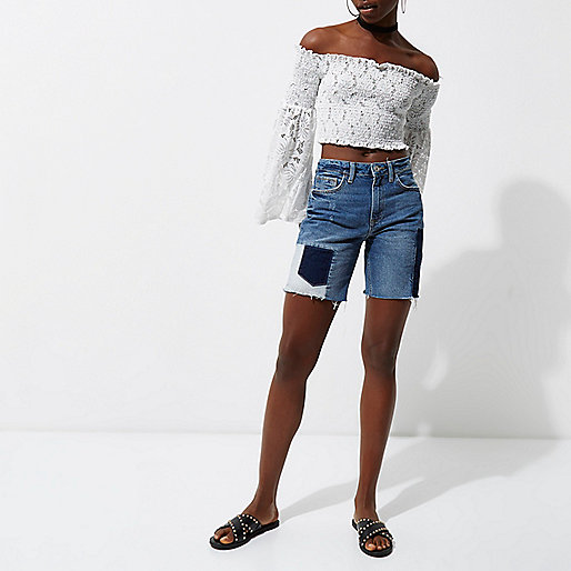 river island white sparkly dress,Riverilands Mid blue patchwork denim boyfriend shorts Vacation Shop Sale women