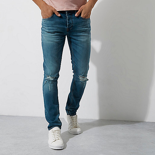 river island wedding guest outfits,jacques-vertuk Euro Mid blue ripped knee Dylan slim fit jean Slim Jeans Jeans men