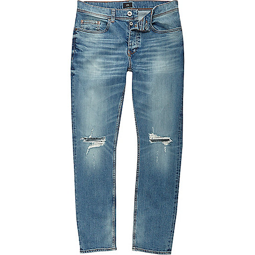 river island denim,jacques-vertuk UK Mid blue ripped knee Dylan slim fit jean men 302255