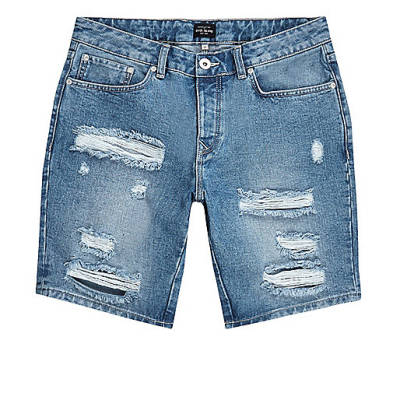 jacques-vertuk Mid blue ripped slim fit denim shorts 299586 men Shorts Casual Shorts