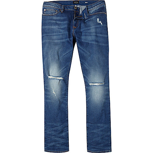 river island england,jacques-vertuk UK Mid blue wash ripped Dylan slim jeans men 285518