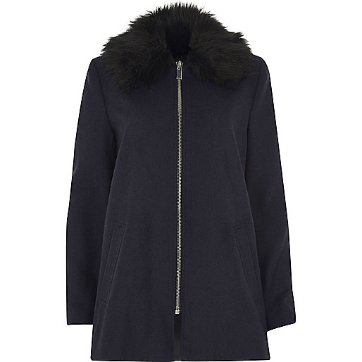 sale river island shoes,jacques-vertuk Clothing Range Navy blue faux fur collar swing coat Coats / Jackets Sale women