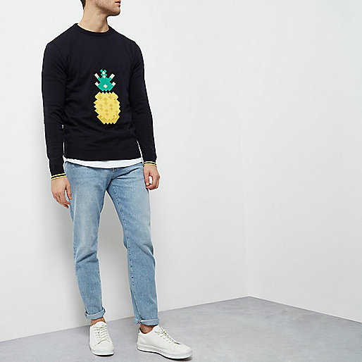 river island blair jeans,jacques-vertuk Stores Navy blue pineapple print slim fit sweater men 300230