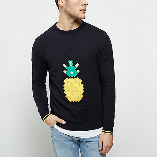 river island blair jeans,jacques-vertuk Stores Navy blue pineapple print slim fit sweater men 300230