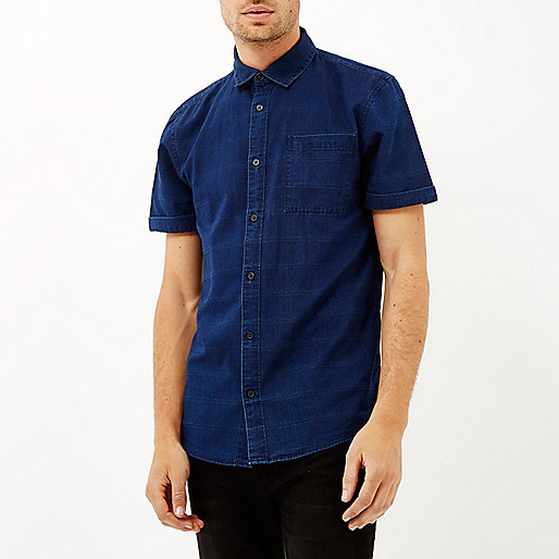 river island ladies watches sale,jacques-vertuk London Navy denim grid print short sleeve shirt men 285831