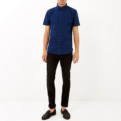 river island ladies watches sale,jacques-vertuk London Navy denim grid print short sleeve shirt men 285831