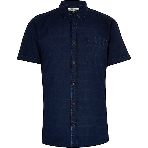 jacques-vertuk Navy denim grid print short sleeve shirt 285831 men Shirts