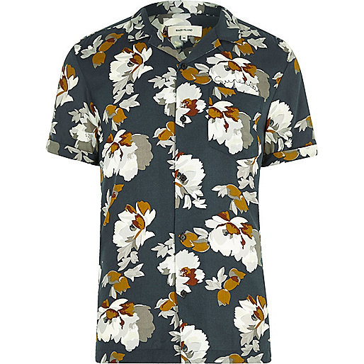 river island blue blouse,Womens Sale jacques-vertuk Navy floral print revere collar short sleeve Short Sleeve Shirts Shirts men