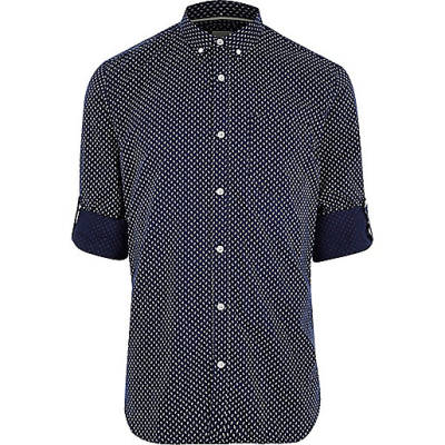 jacques-vertuk Navy geo print slim fit casual shirt 301372 men Shirts Long Sleeve Shirts