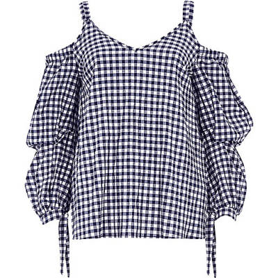 jacques-vertuk Navy gingham puff sleeve cold shoulder top 704556 women Seasonal Offers