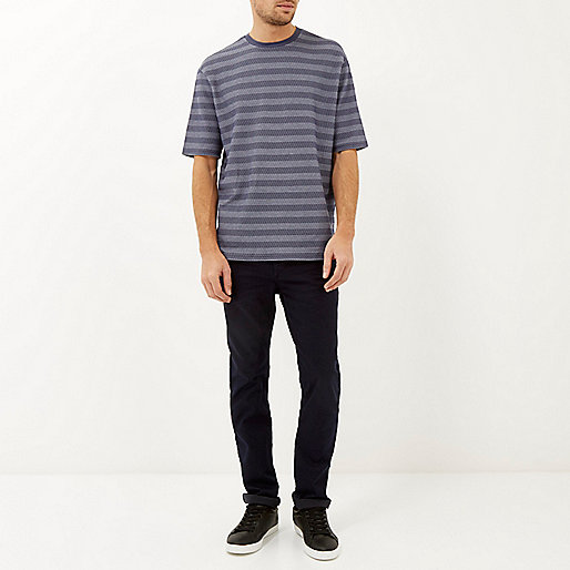 track river island order,jacques-vertuk Stock Navy jacquard stripe curved hem t-shirt T-Shirts / Tanks Sale men