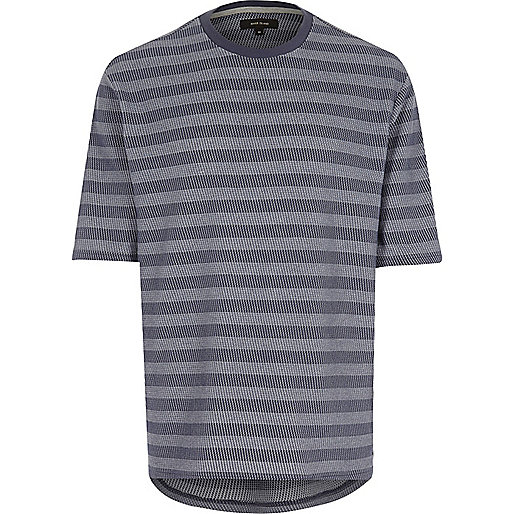 track river island order,jacques-vertuk Stock Navy jacquard stripe curved hem t-shirt T-Shirts / Tanks Sale men