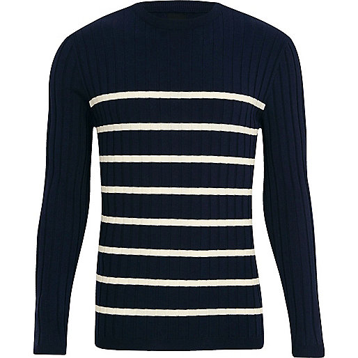 jacques-vertuk Navy knit stripe muscle fit crew neck sweater 302432 men Jumpers / Cardigans Jumpers