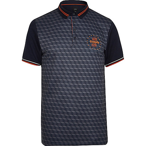 jacques-vertuk Navy print color block slim fit polo shirt 301718 men Polo Shirts