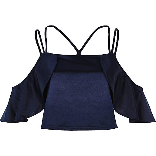 jacques-vertuk Navy satin frill cold shoulder crop top 693244 women Tops