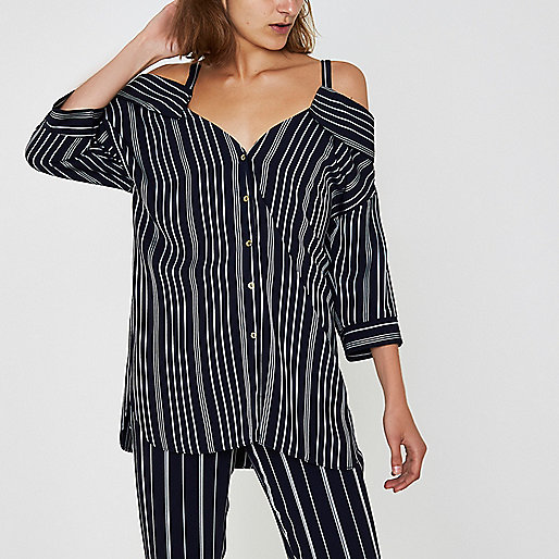 river island milan,jacques-vertuk Outlet Navy stripe deconstructed cold shoulder shirt women 708974