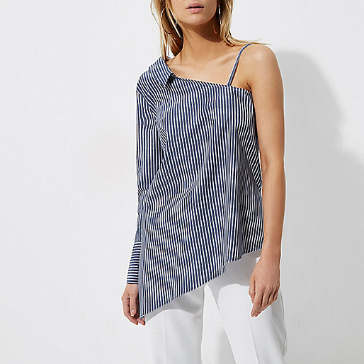 river island white t shirt,jacques-vertuk UK Navy stripe print one shoulder shirt women 705084