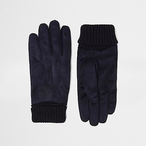 jacques-vertuk Navy suede cuff knit gloves 296832 men Accessories