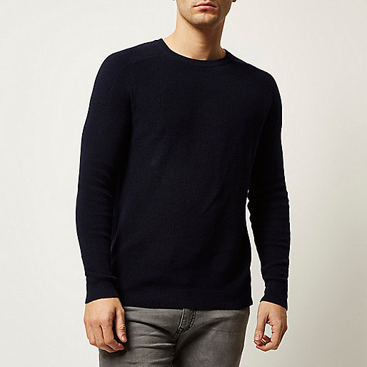 wide fit shoes river island,Who Stocks jacques-vertuk Navy textured knitted crew neck sweater Sweaters / Cardigans Sale men