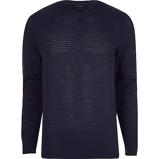 jacques-vertuk Navy textured V neck slim fit sweater 300920 men Jumpers / Cardigans Jumpers