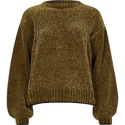 river island party outfits,jacques-vertuk Outlet Olive green balloon sleeve chenille sweater women 704883