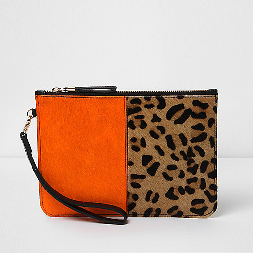 jacques-vertuk Orange and leopard print leather clutch bag 705752 women Bags / Purses Clutch Bags