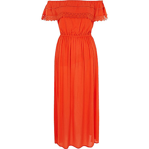 tan coat river island,jacques-vertuk Clothes Ladies Orange bardot frill maxi dress Maxi Dresses Dresses women