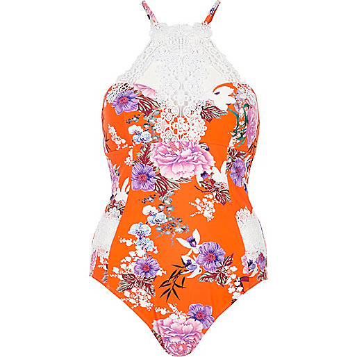 vintage river island coral dress,Rivers Clothing Online Orange floral print high apex swimsuit Swimsuits Swimwear / Beachwear women