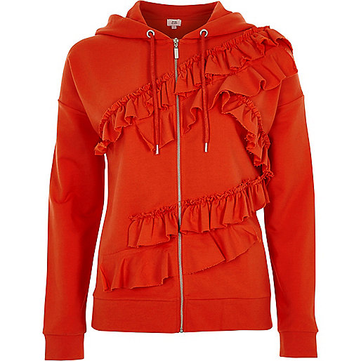 river island slouch bag black,Ri9Ver Island Orange frill front zip-up hoodie Hoodies / Sweatshirts Tops women