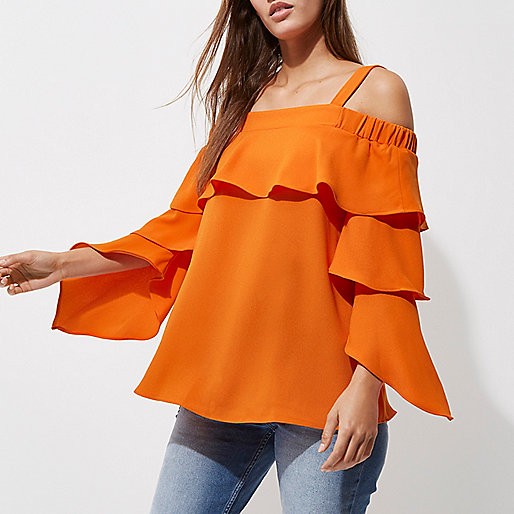 river island green ruched dress,jacques-vertuk New Orange frill sleeve bardot top Bardot / Cold Shoulder Tops Tops women