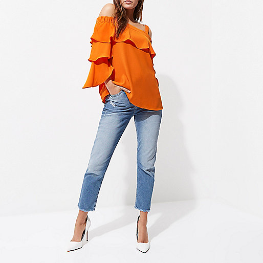 river island green ruched dress,jacques-vertuk New Orange frill sleeve bardot top Bardot / Cold Shoulder Tops Tops women