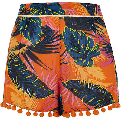 jacques-vertuk Orange leaf print pom pom tassel hem shorts 704810 women Swimwear / Beachwear Kaftans / Cover-Ups