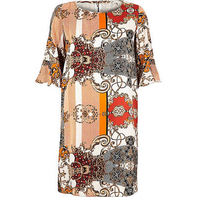 river island black padded coat,jacques-vertuk UK Sale Orange print frill sleeve swing dress women 696782