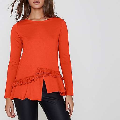 river island wide fit boots,jacques-vertuk Online Orange split frill hem long sleeve T-shirt women 708056