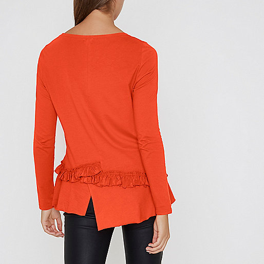 river island wide fit boots,jacques-vertuk Online Orange split frill hem long sleeve T-shirt women 708056