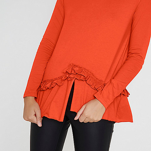 river island wide fit boots,jacques-vertuk Online Orange split frill hem long sleeve T-shirt women 708056