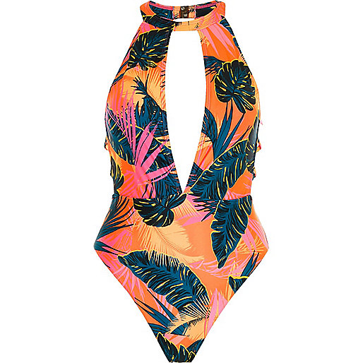 river island diamante sandals,jacques-vertuk London Orange tropical choker plunge swimsuit women 704354