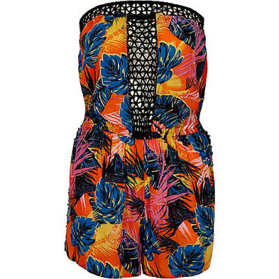 river island shoes and boots,Ver Island Orange tropical lace insert bandeau romper Caftans / Cover-Ups Swimwear / Beachwear women