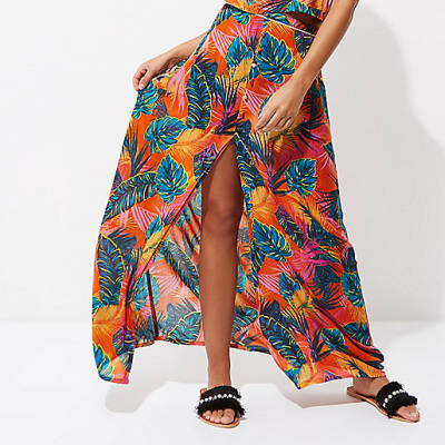 sofia richie river island,jacques-vertuk UK Orange tropical split front maxi beach skirt women 704809