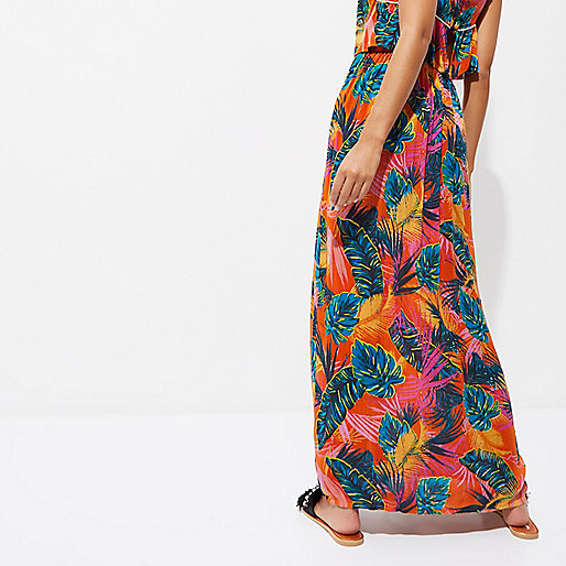 sofia richie river island,jacques-vertuk UK Orange tropical split front maxi beach skirt women 704809