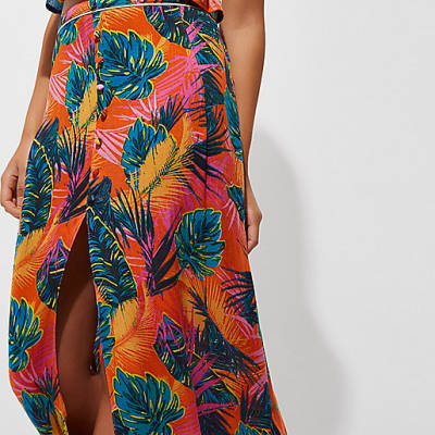 sofia richie river island,jacques-vertuk UK Orange tropical split front maxi beach skirt women 704809